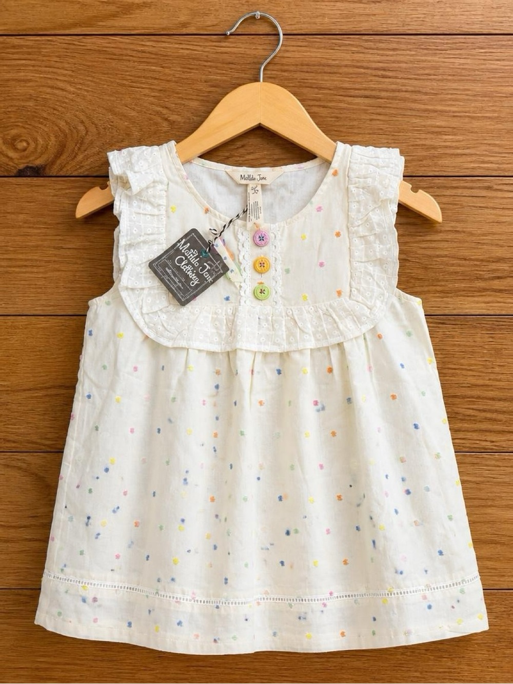 Matilda Jane Girls Size 8 Top Tunic White Rainbow Dot Eyelet Ruffle NWT